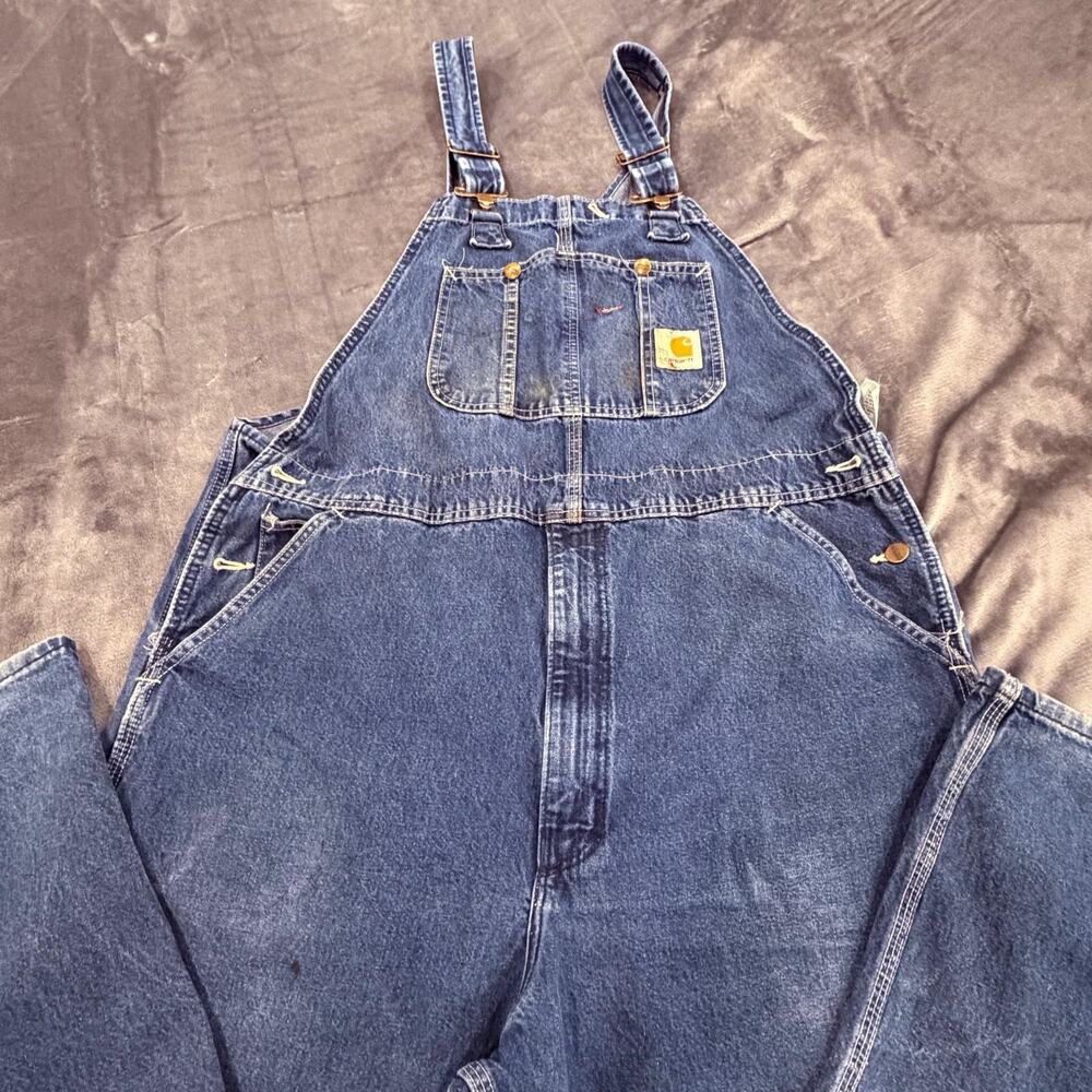 VTG Carhartt Men’s Sz 40x30 Overalls Denim Made In USA Distressed W/ Stains Work - Picture 14 of 16